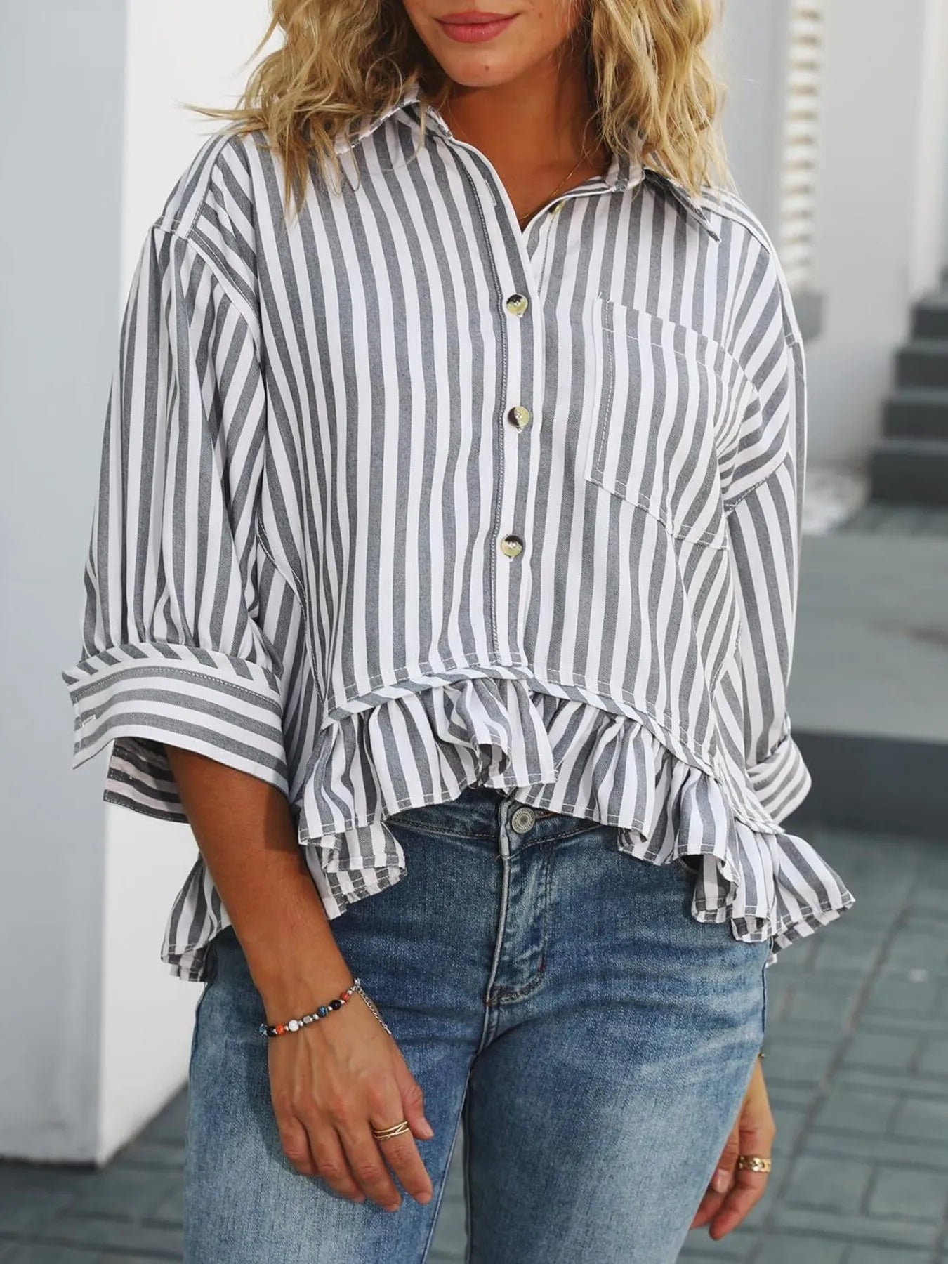 Striped Ruffle Hem Button-Up Shirt Black - Fashorio