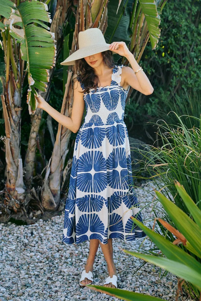 Navy abstract print smocked bodice tiered midi dress front view