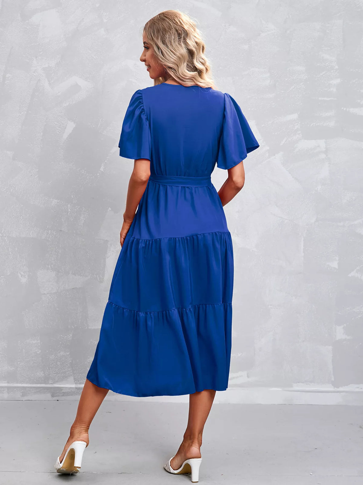 Flutter sleeve tiered midi dress full length view