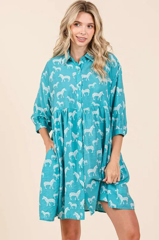 Zebra print button down shirt mini dress front view