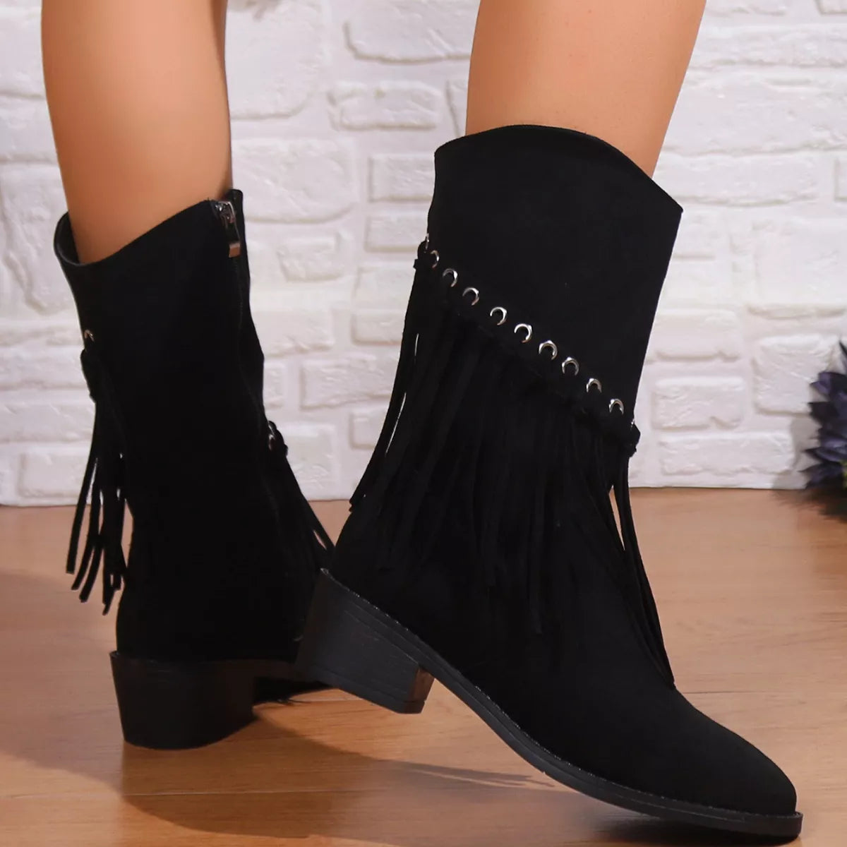 Fringe Western Block Heel Boots side profile