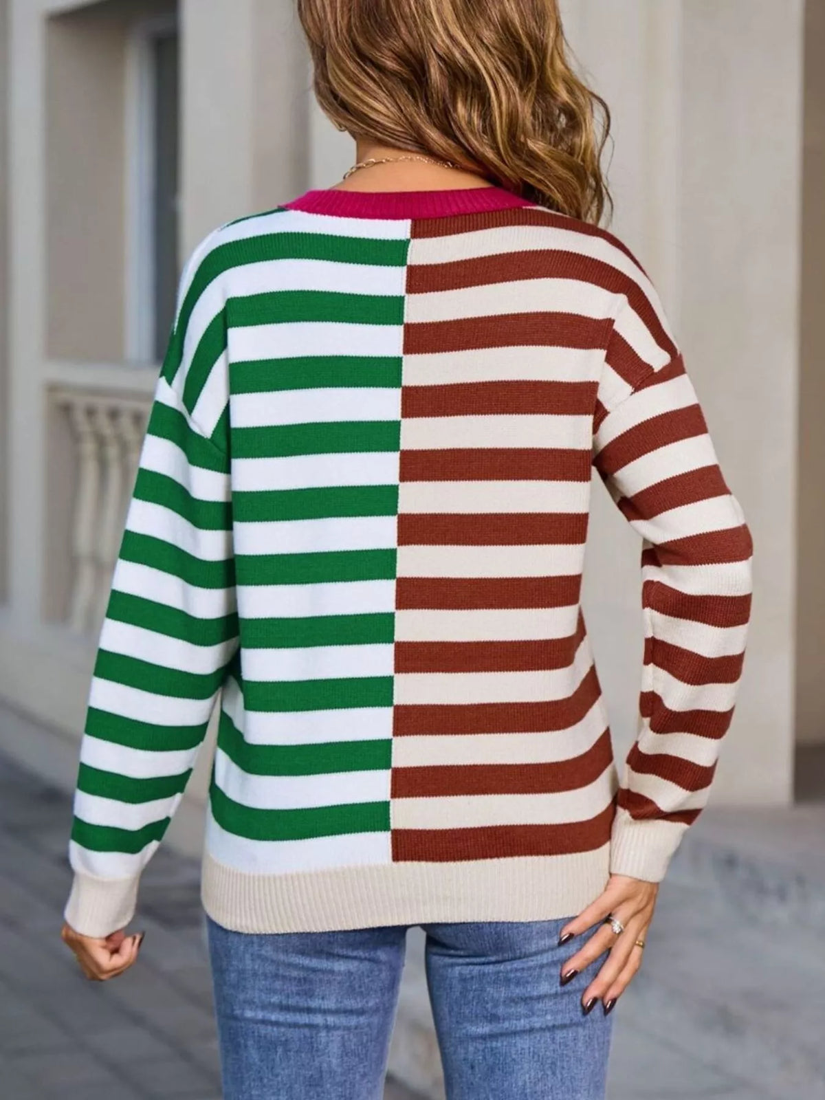 striped round neck sweater styled look