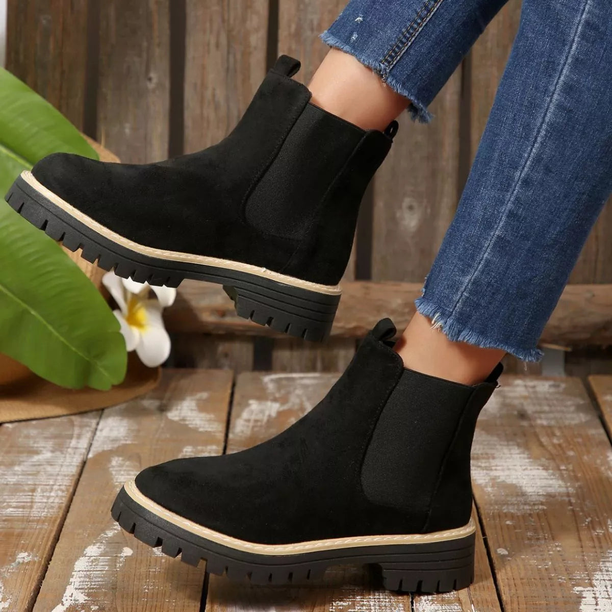 Round Toe Block Heel Boots angled three quarter view
