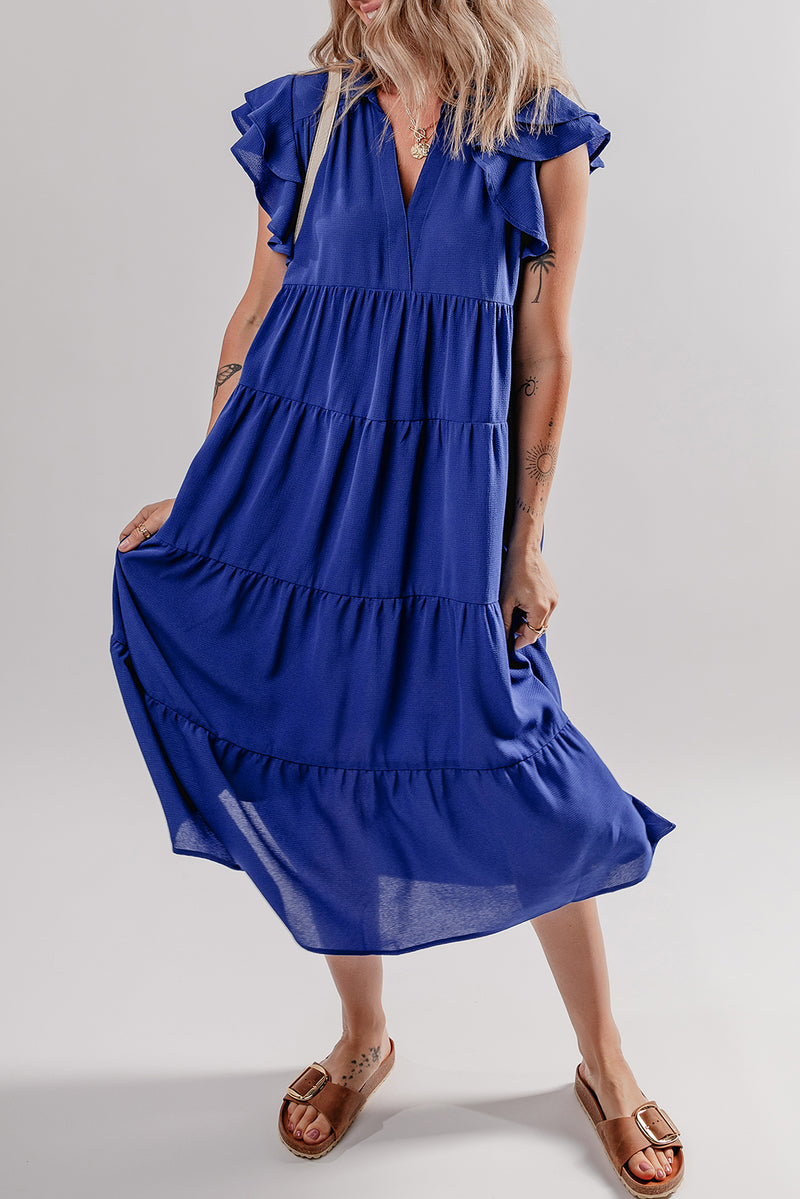 Blue midi dress with ruffled short sleeves front view
