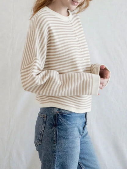 Striped Button Front Long Sleeve Cardigan - Fashorio