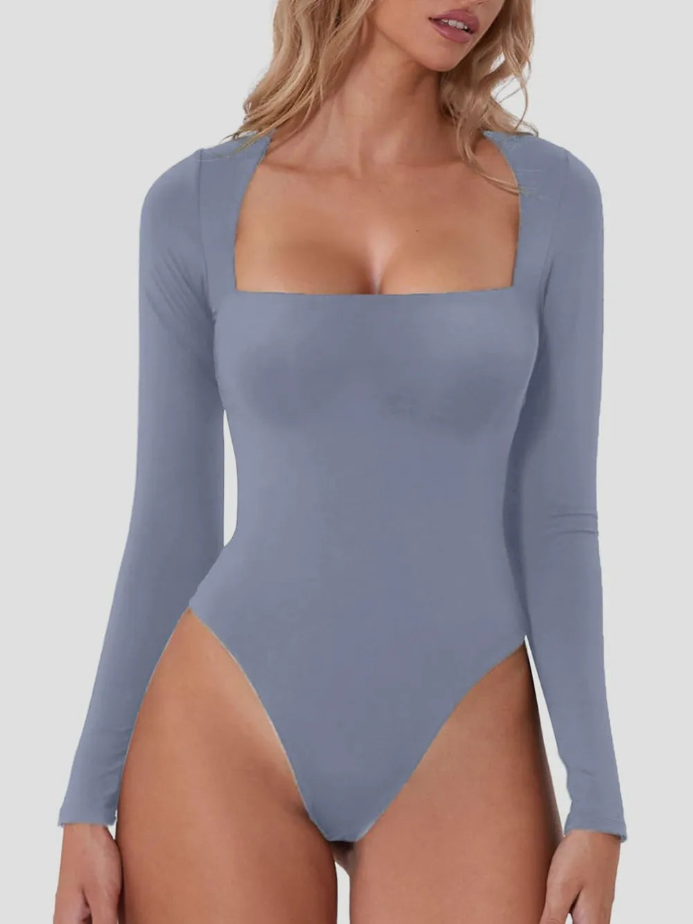 Square Neck Long Sleeve Bodysuit Light Blue - Fashorio