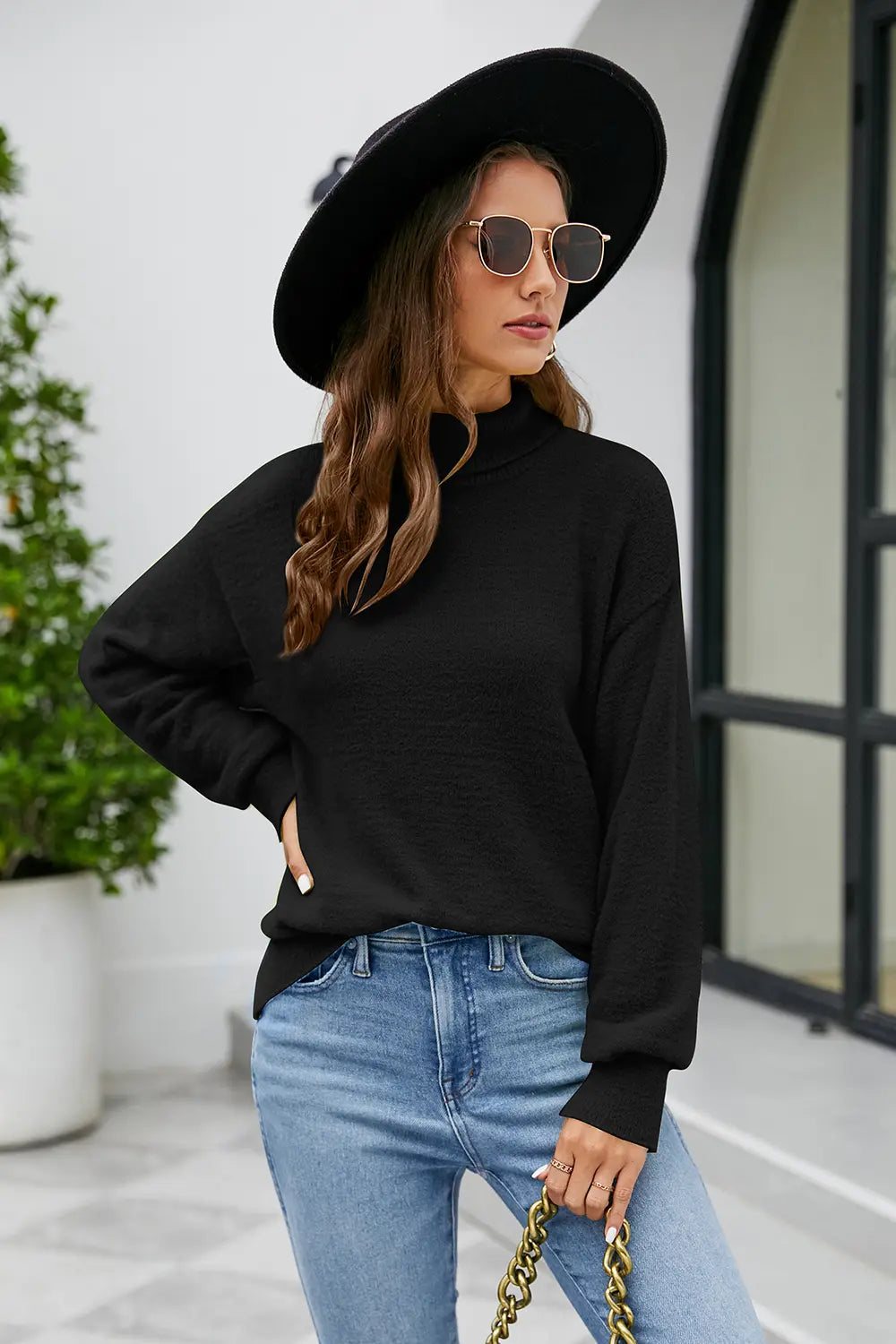 Mock Neck Dropped Shoulder Long Sleeve Sweater Black - Fashorio