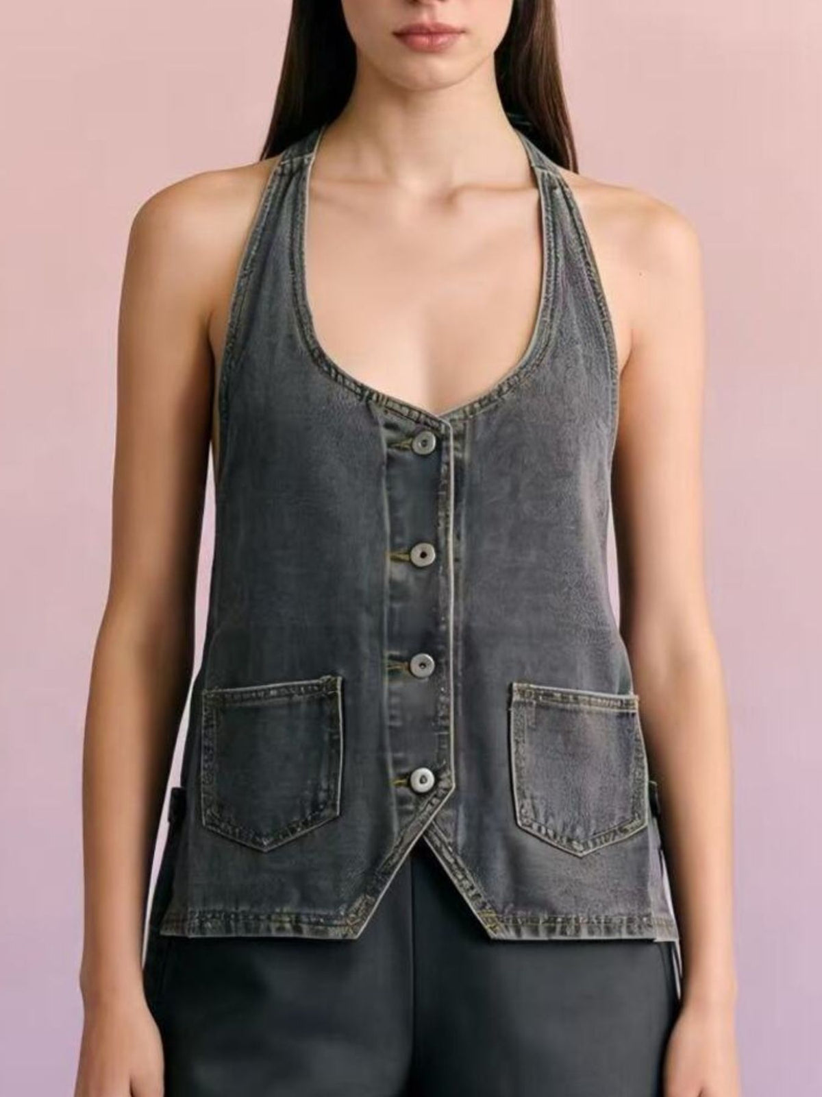 Halter Neck Button Down Denim Vest in Dark Blue view 18
