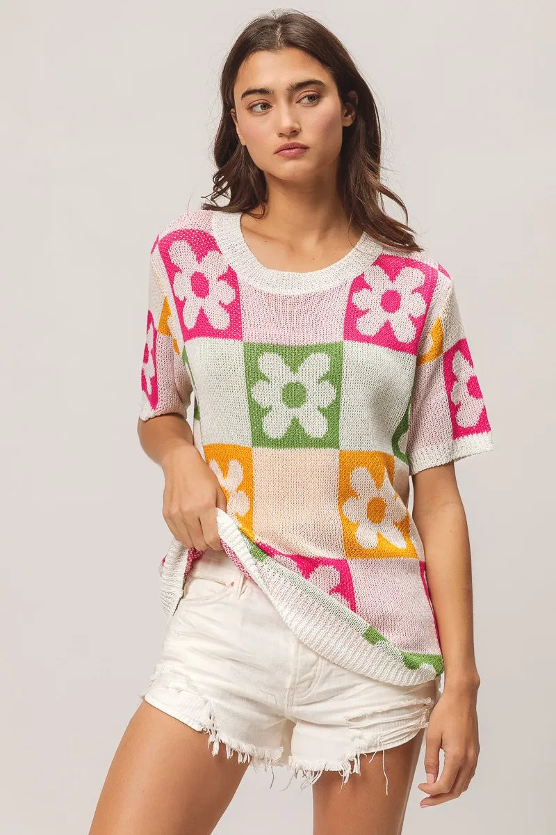 Floral Check Lightweight Sweater Top view 15