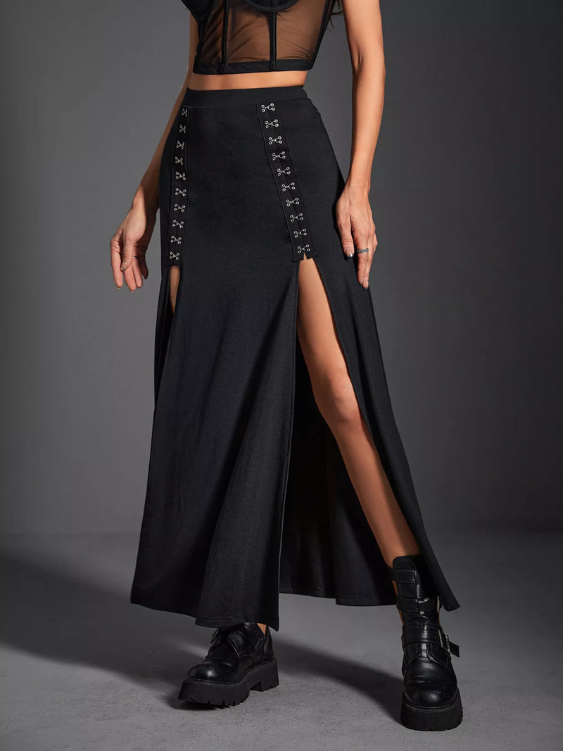 Black high waist slit skirt, front view