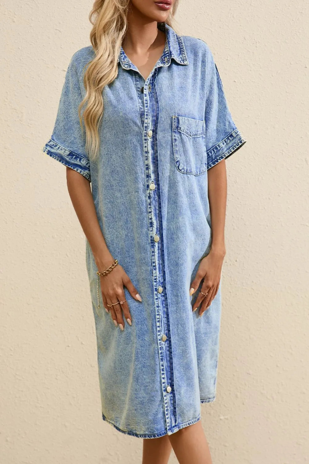 Oversized Button Down Denim Shirt Dress - Fashorio