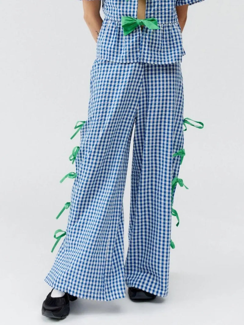 Side tied plaid pants front view