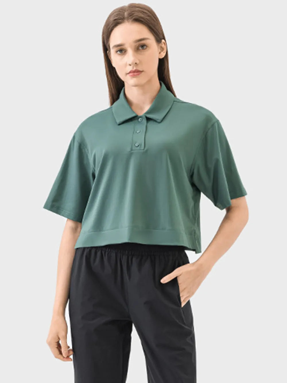 Half button short sleeve active tee full length view
