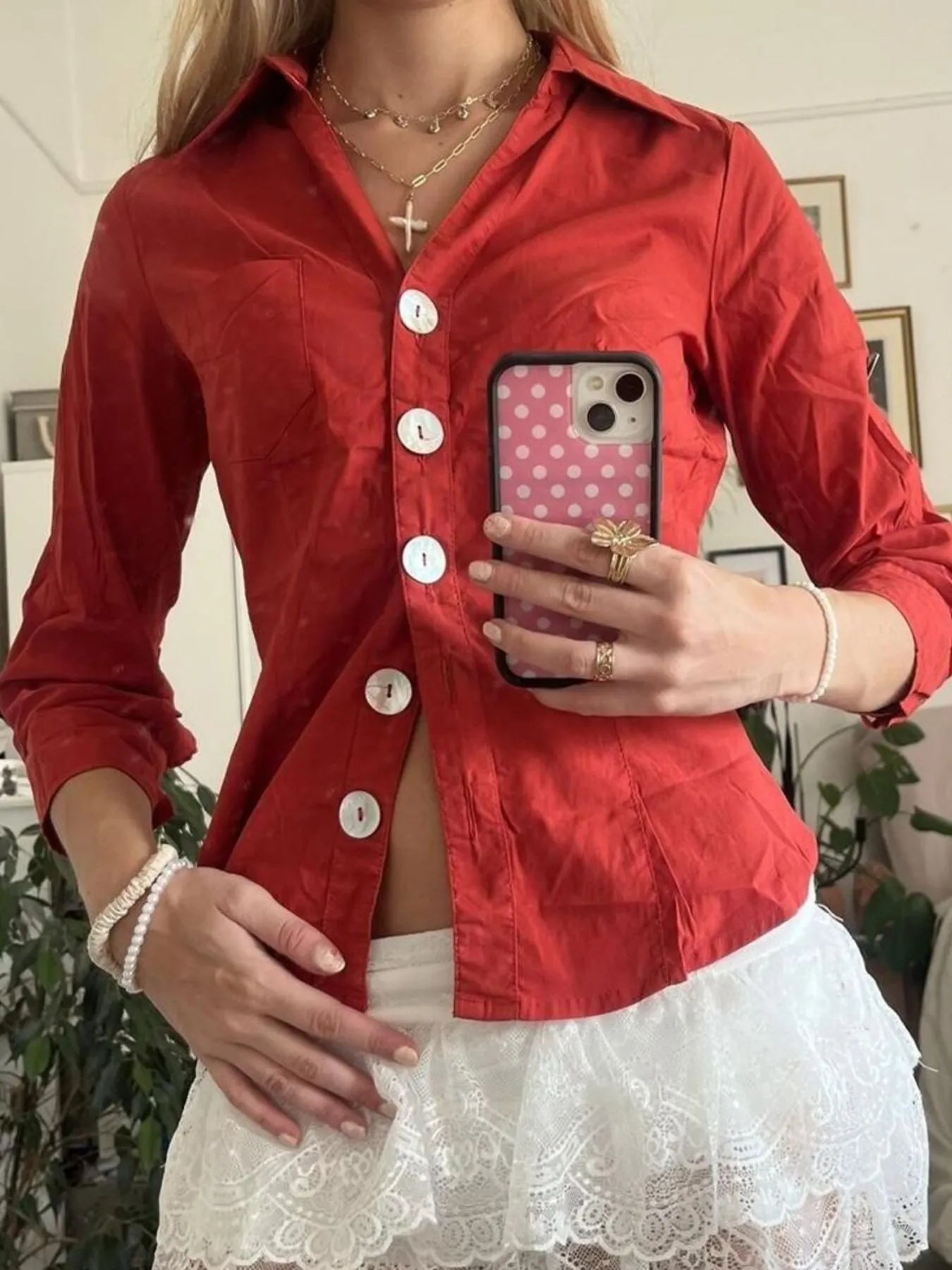 Collared Neck Button-Down Shirt Red - Fashorio