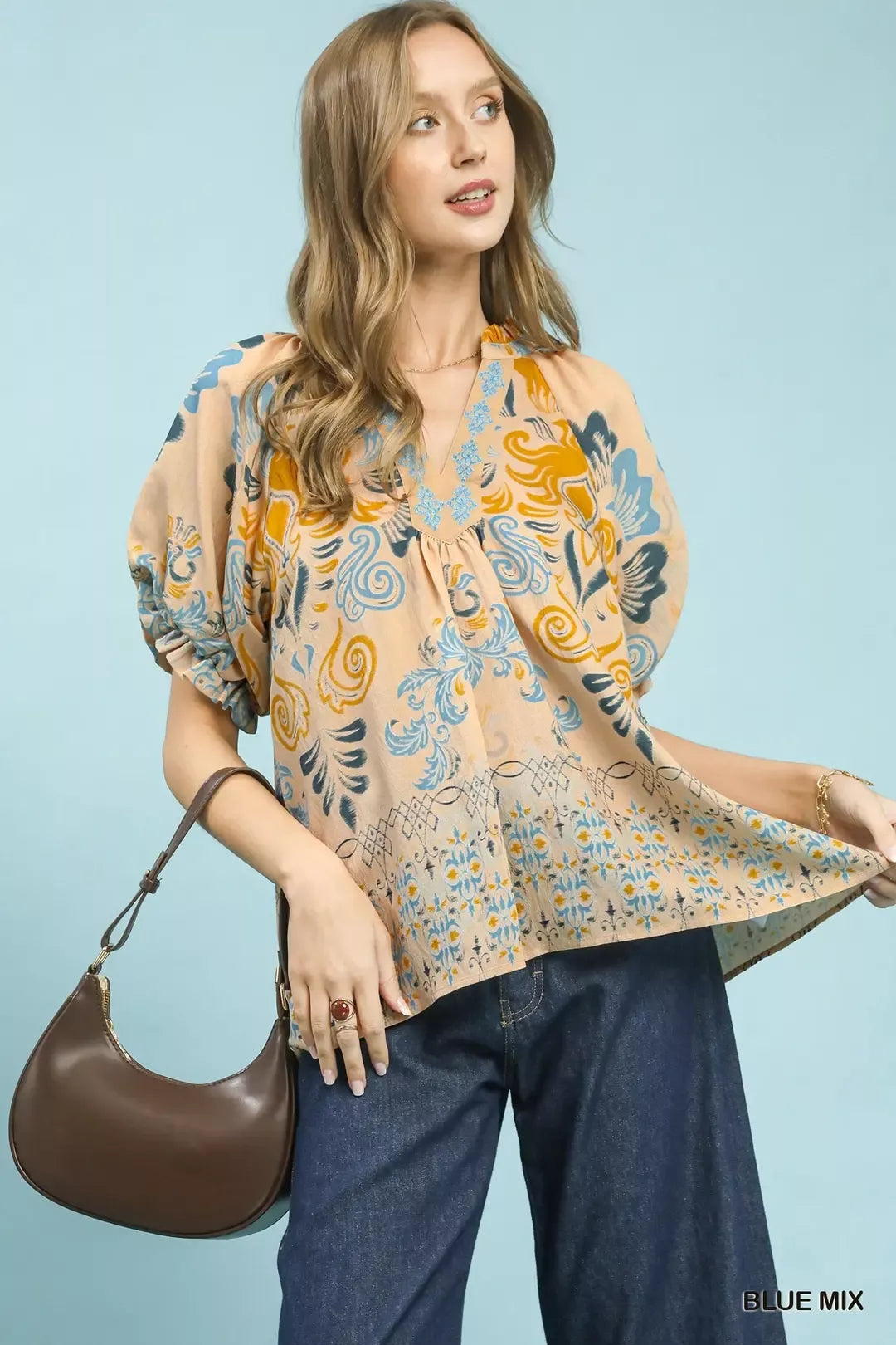 Umgee border print puff sleeve blouse front view