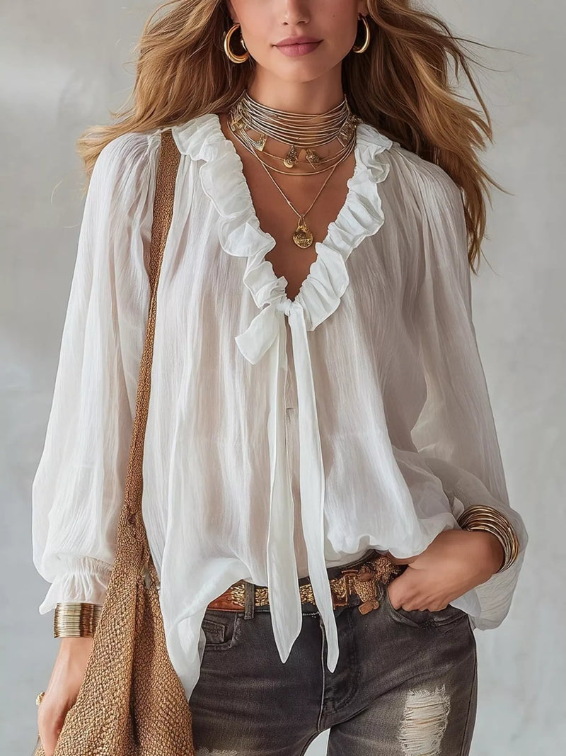 Ruffle long sleeve sheer blouse front view