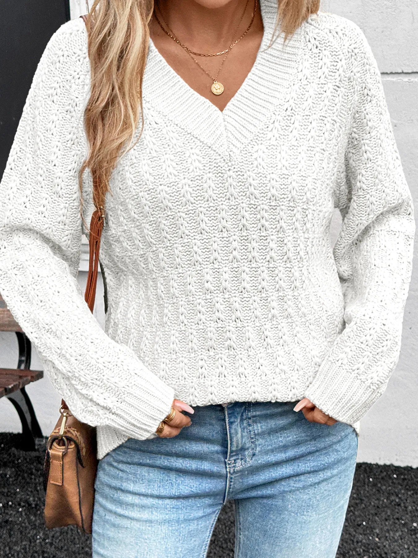 Textured Knit Ribbed Edge V Neck Loose Sweater - Fashorio