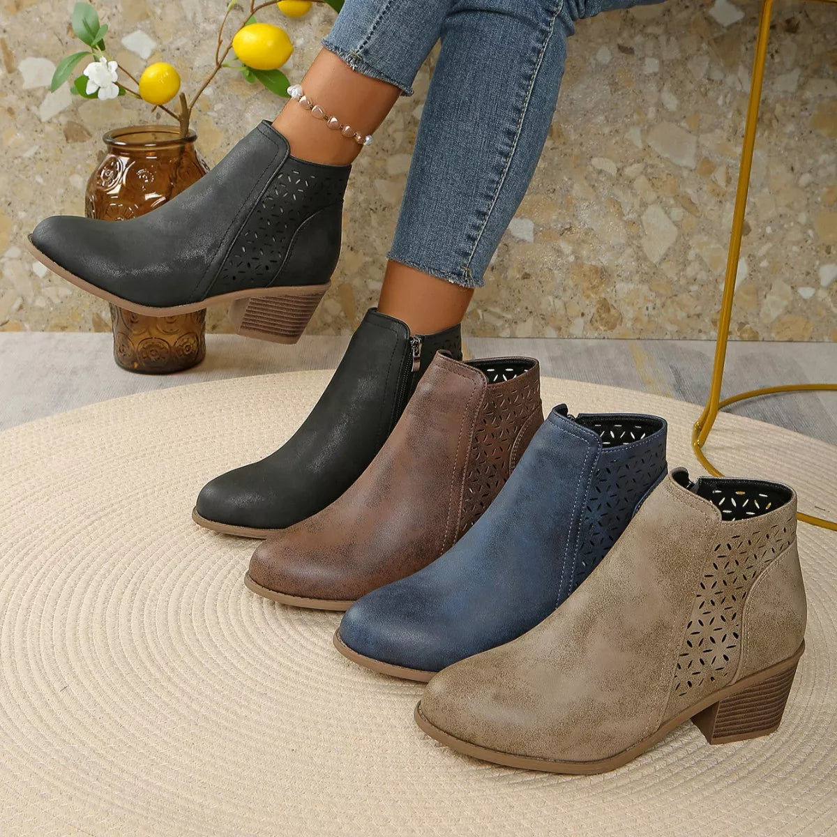 Point toe block heel boots side profile