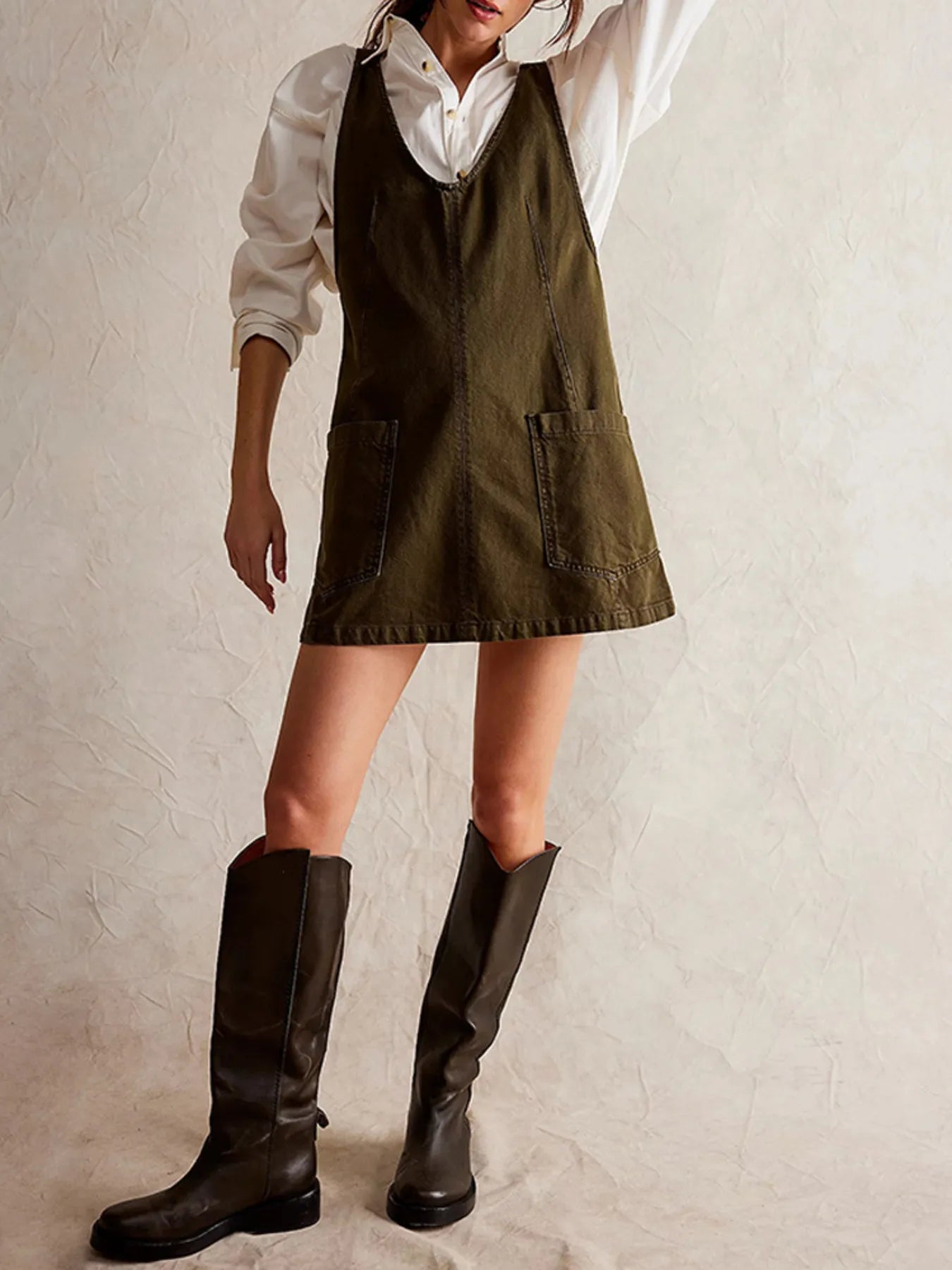 Oversized V-Neck Denim Tank Dress with Front Pockets - Fashorio