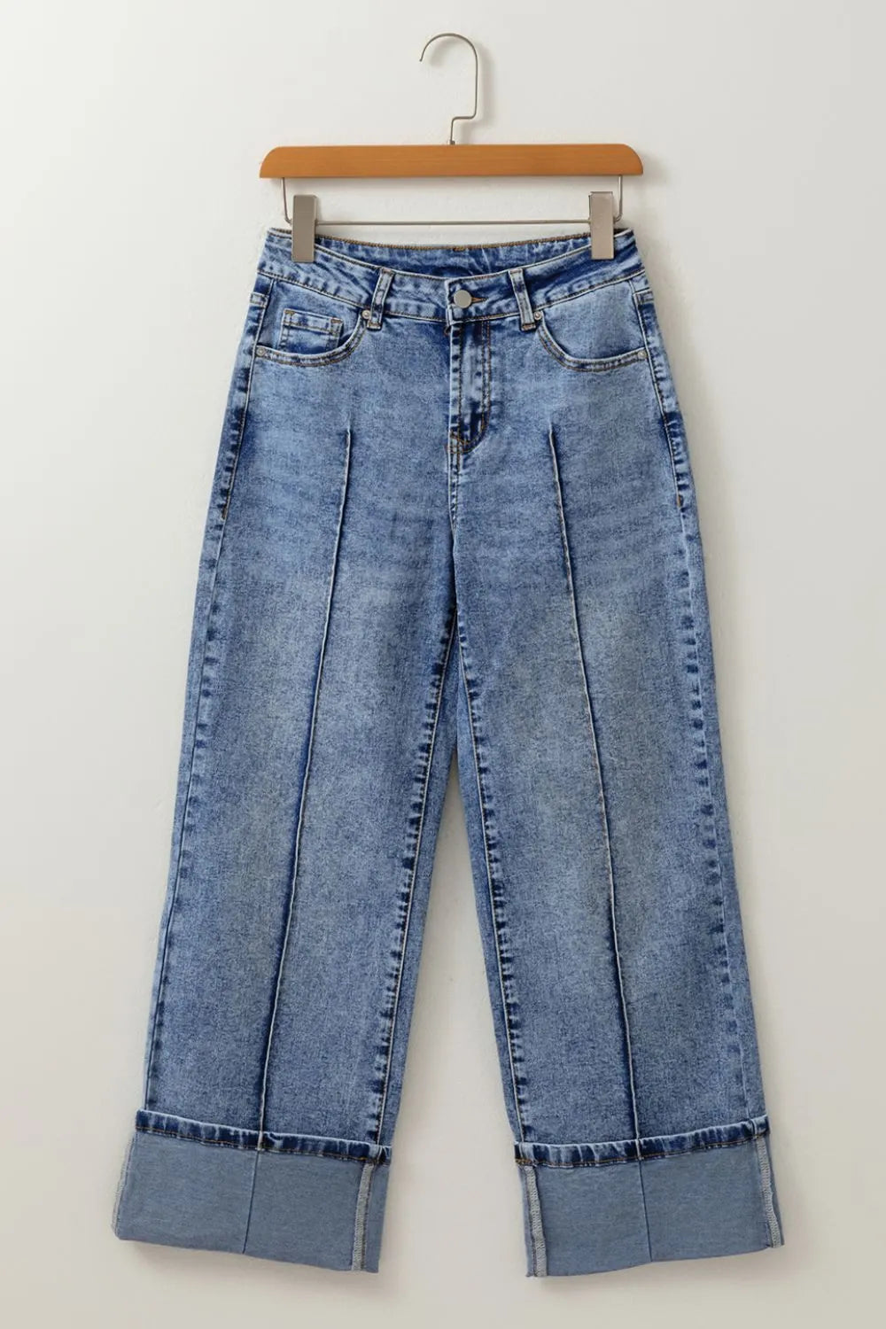 Cuffed hem detail on wide leg denim