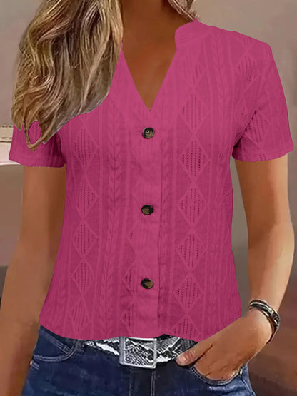Textured Notched Short Sleeve Blouse Rose Red - Fashorio