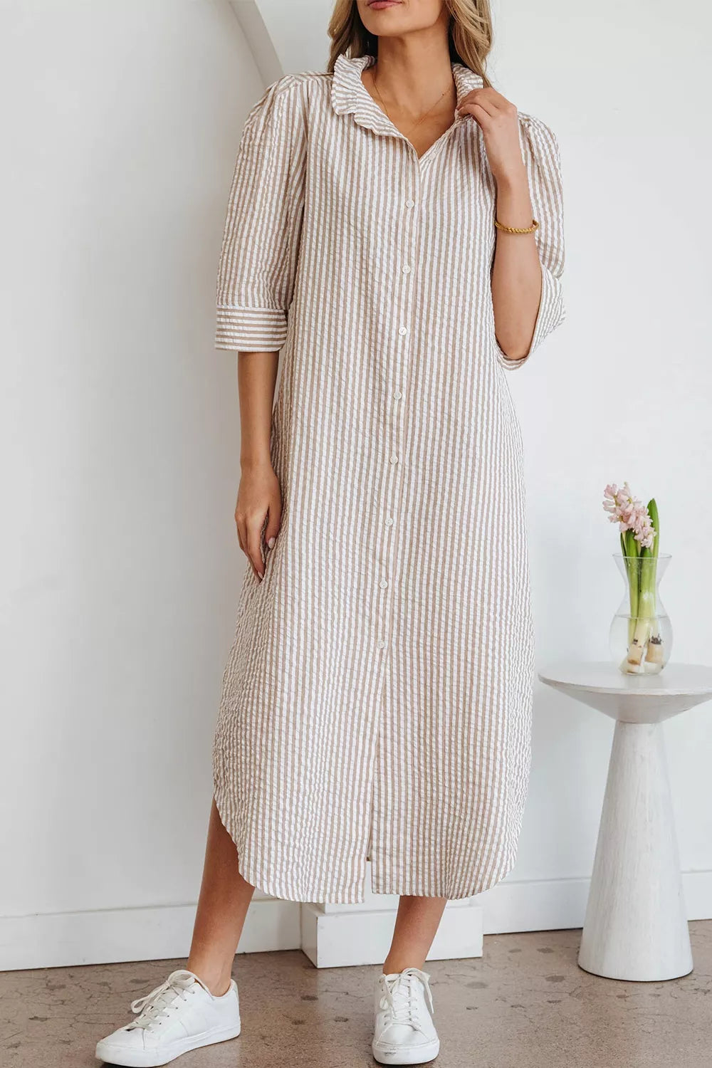 Stripe frilled collar half sleeve shirt dress front view