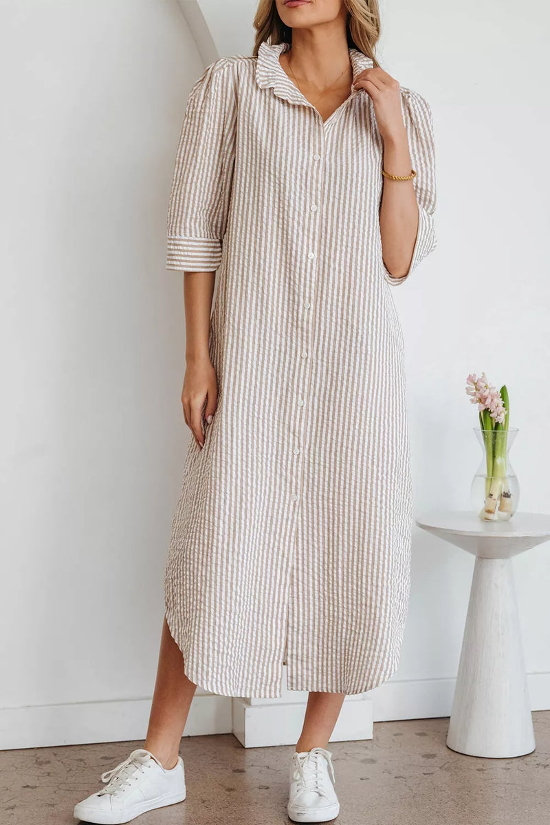 Stripe frilled collar half sleeve shirt dress front view