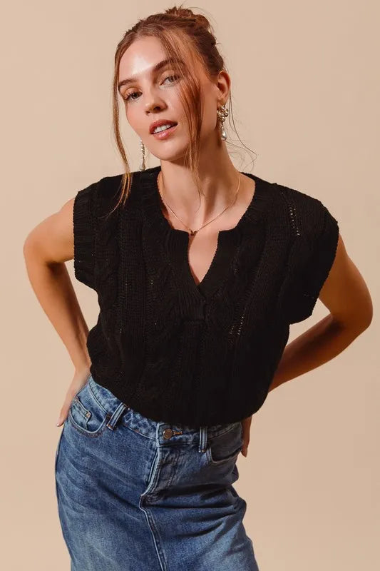 Notched Neck Cable Knit Sweater Vest in Black side view