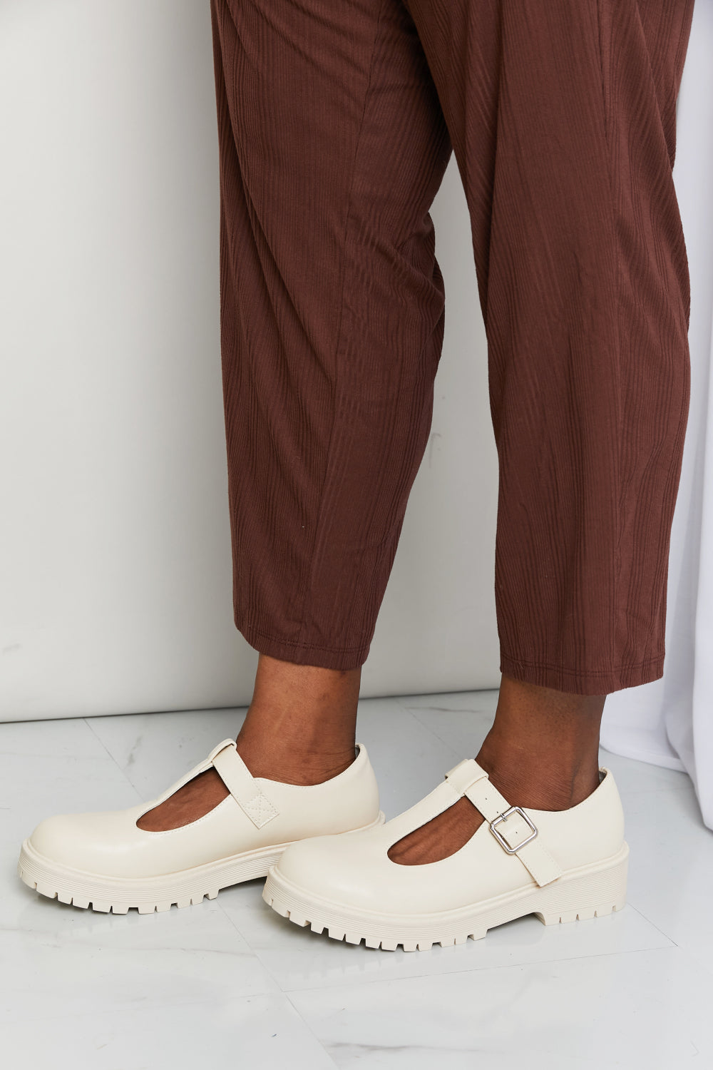 Round toe faux leather Mary Jane shoe top view