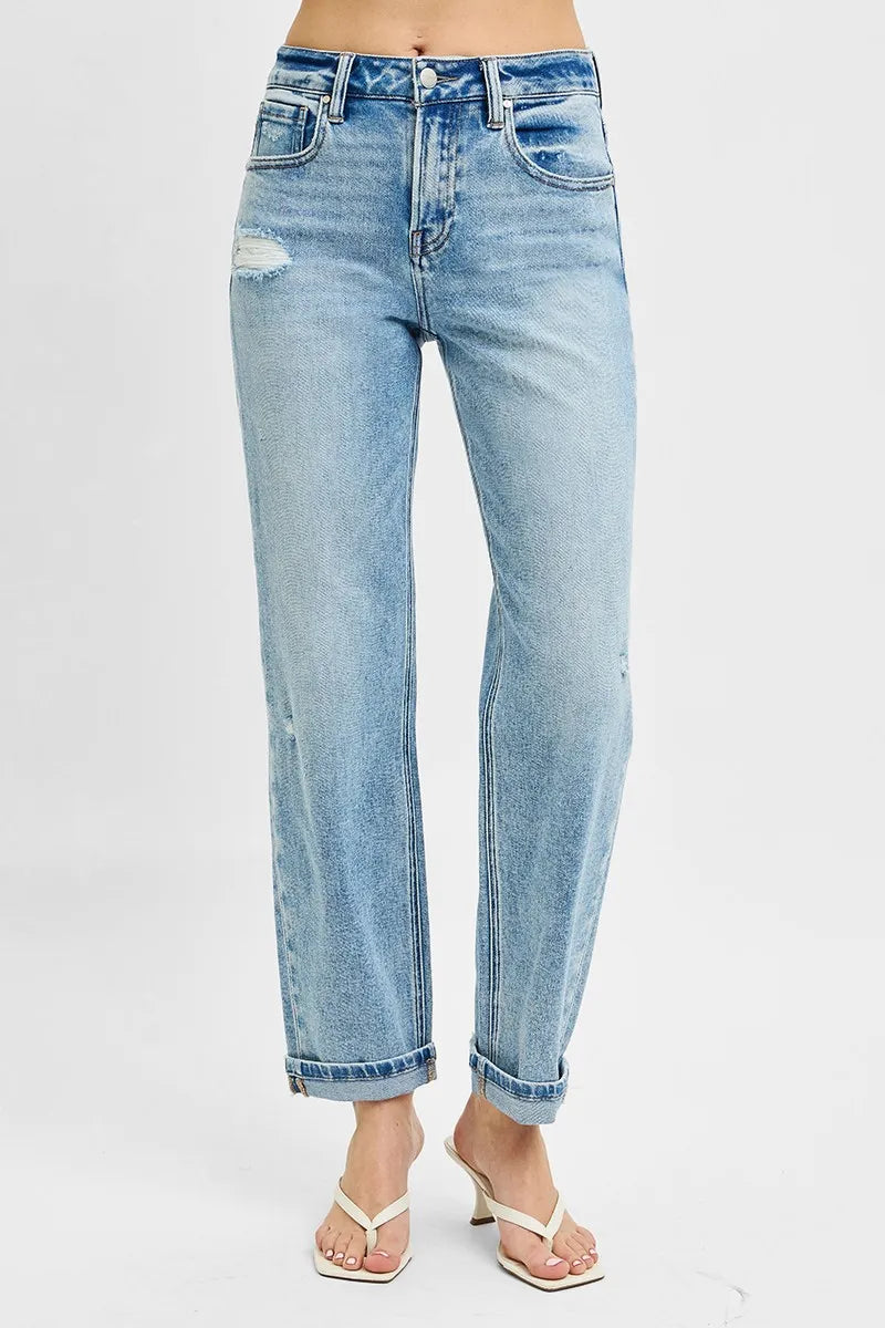 Close up of distressed detailing on RISEN boyfriend jeans
