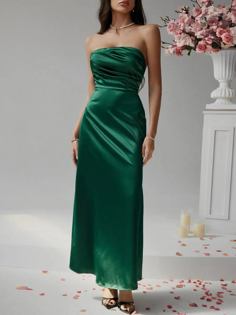 Ruched strapless tube maxi dress, three quarter view