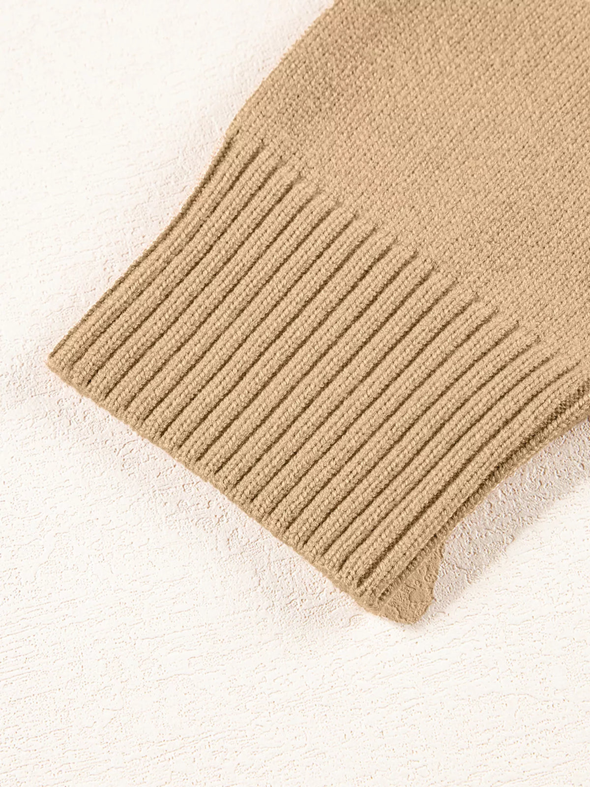 center seam drop shoulder pullover sweater camel side profile view