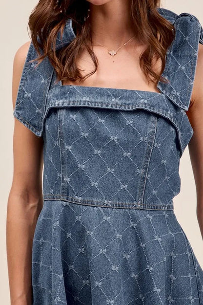 SO ME A Line Fit and Flare Diamond Bow Ribbon Denim Dres - Fashorio
