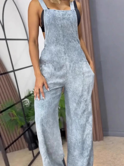 Full Size Wide Leg Washed Denim Overalls Plus Size Blue - Fashorio