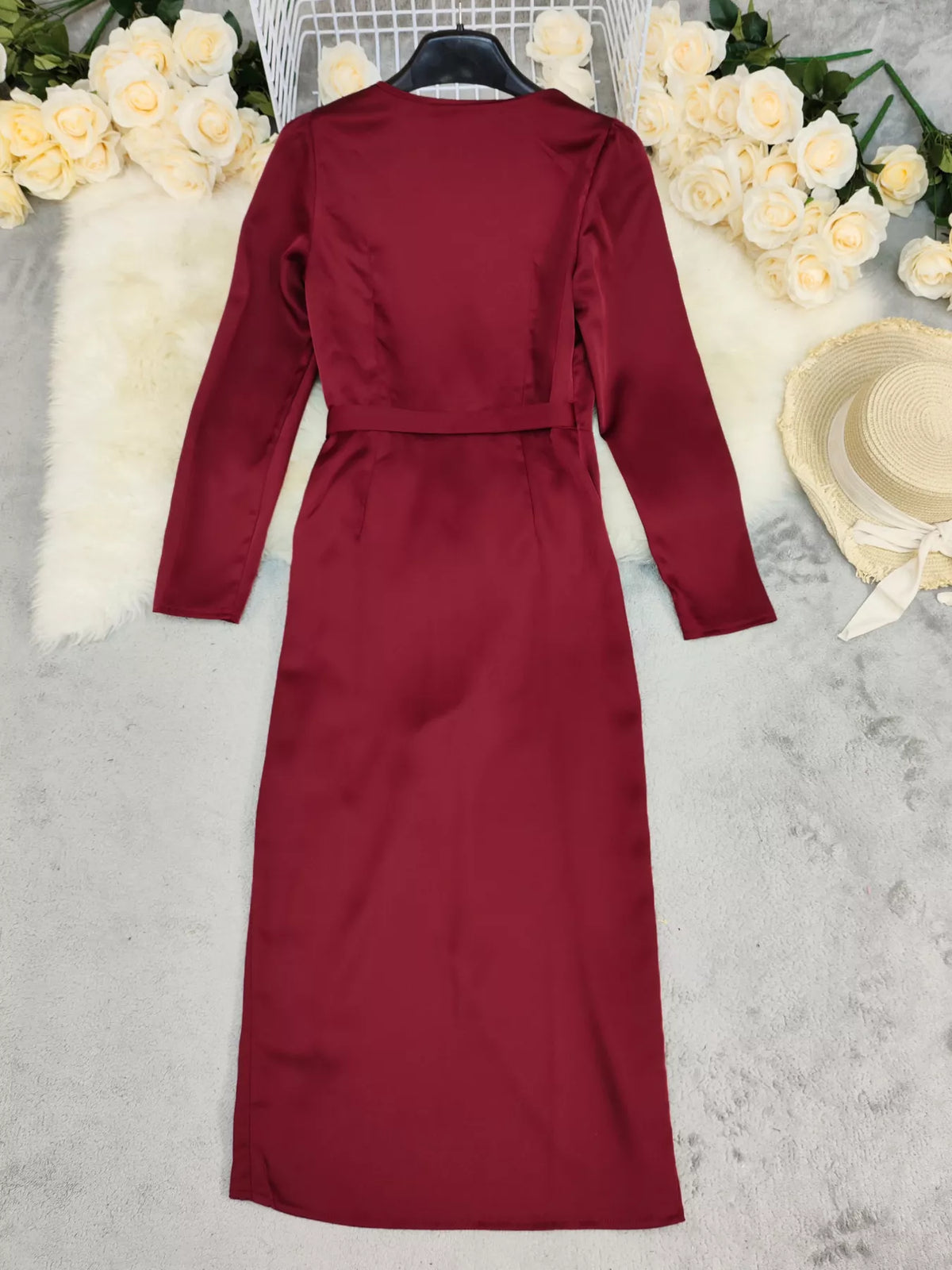 Red satin surplice long sleeve maxi dress full length view