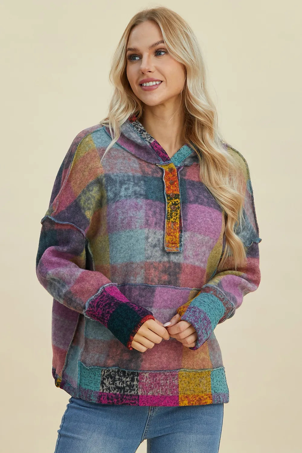 Dropped shoulder plaid hoodie side view