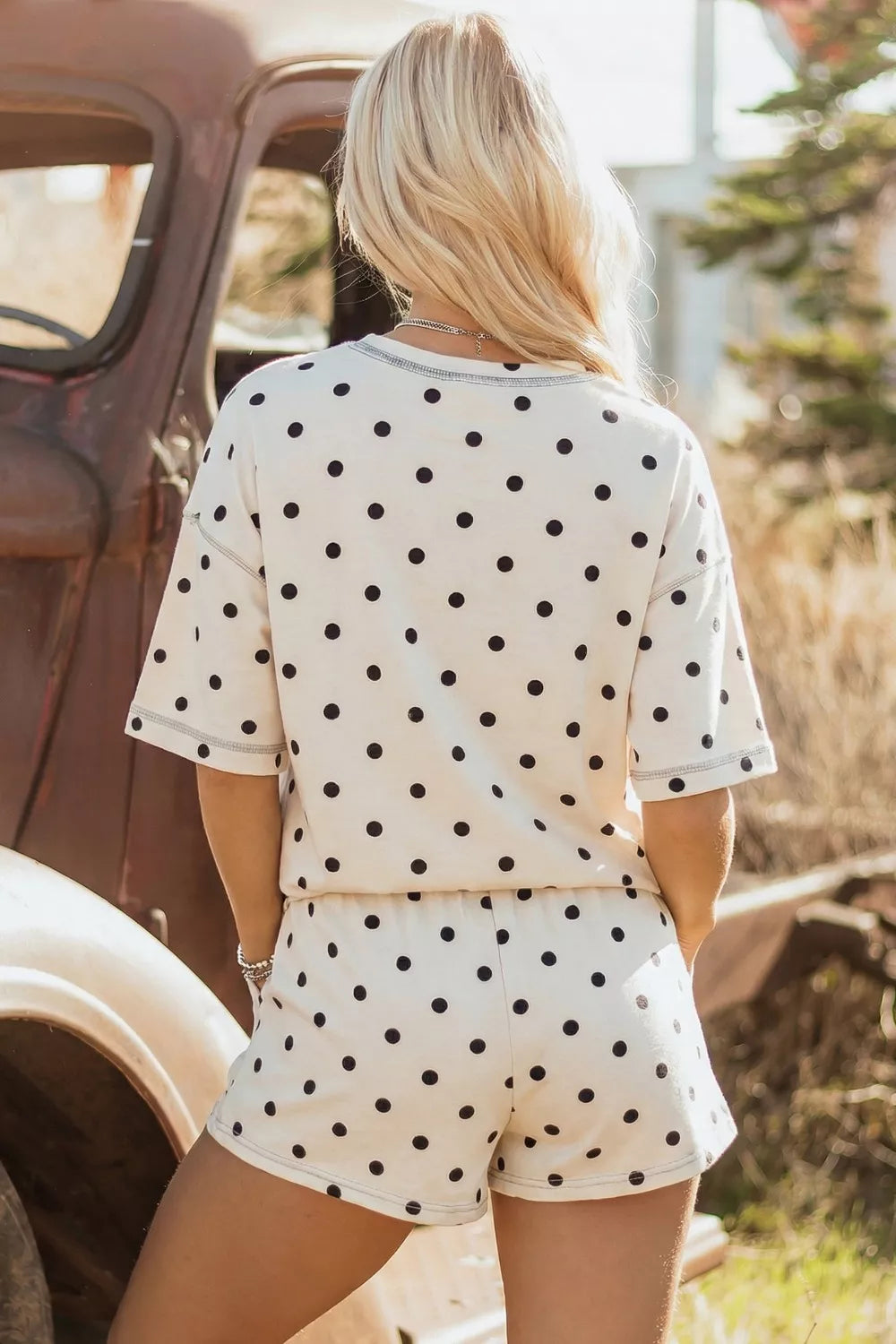 Polka dot tee and shorts full outfit styled