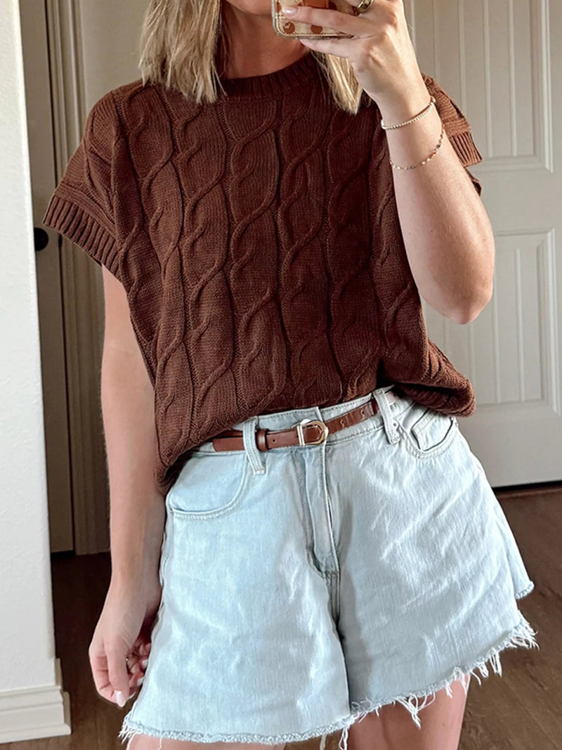 brown cable knit short sleeve sweater front view