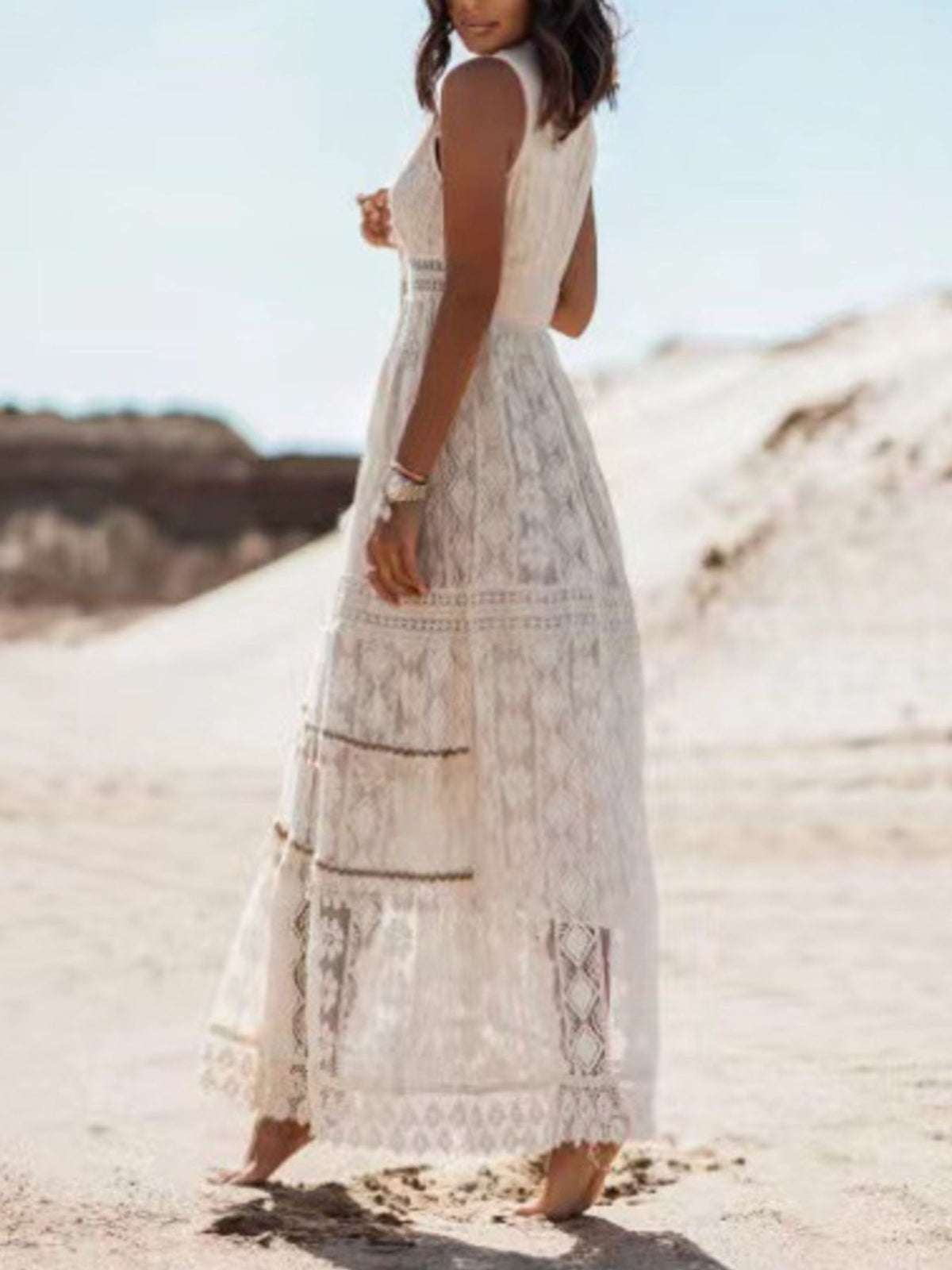 Lace V neck sleeveless maxi dress styled look