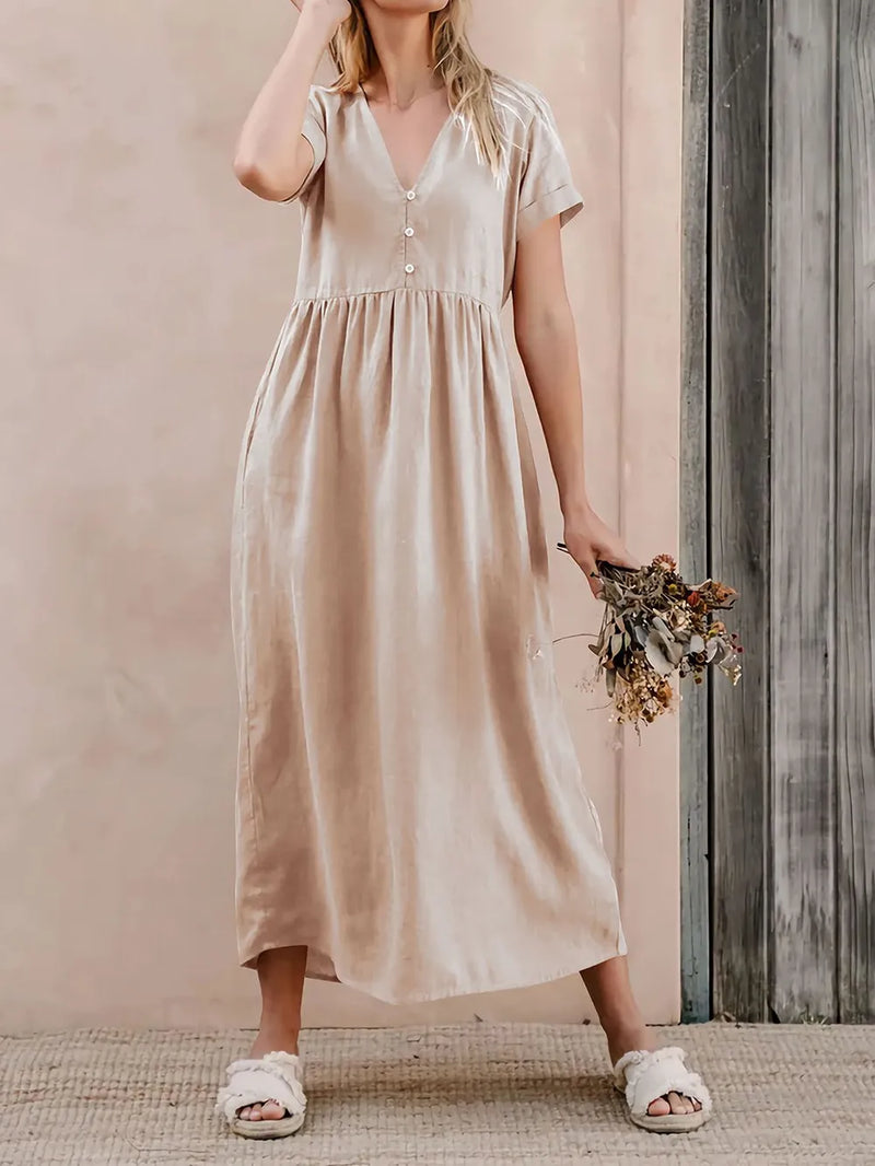 V-neck short sleeve cotton midi dress front view