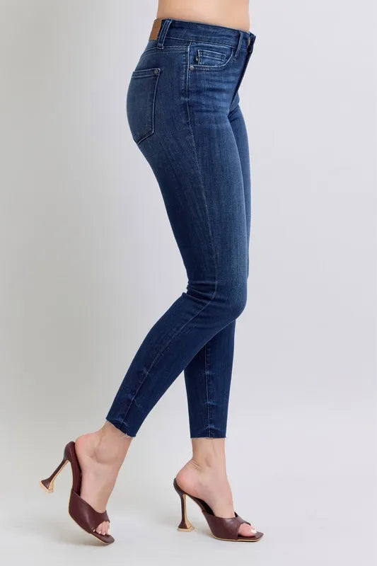 Judy Blue Plus Size Mid Rise Skinny Jeans – Raw Hem Denim - Fashorio