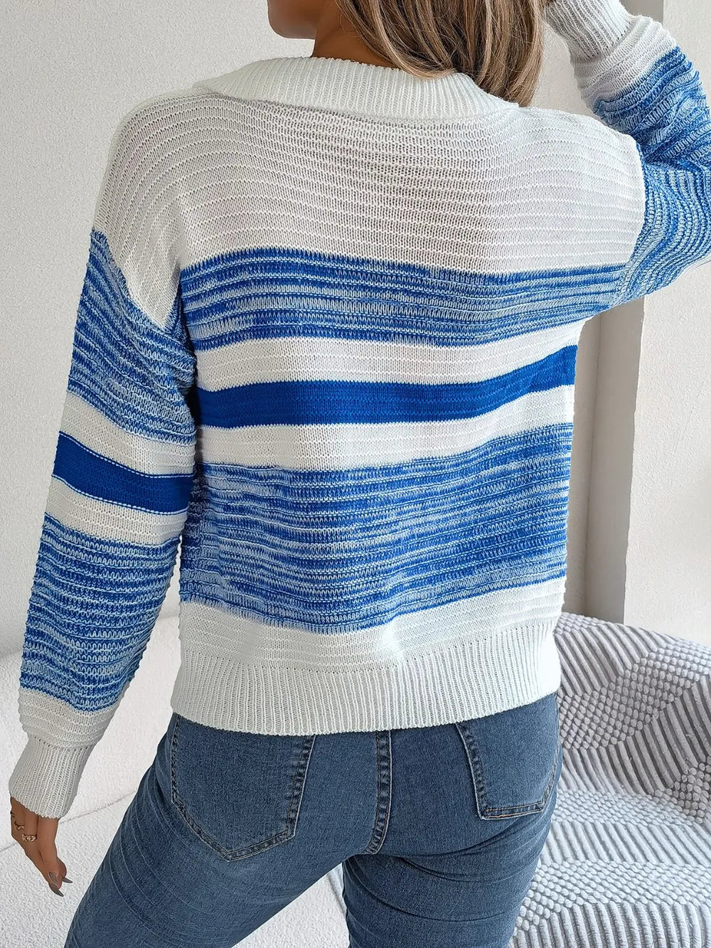 Striped Collared Neck Long Sleeve Sweater - Fashorio