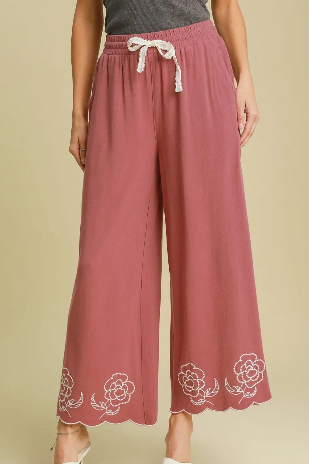 Umgee Full Size Linen Blend Wide Leg Pants with Scalloped Hemline Plus Size Dusty Pink - Fashorio
