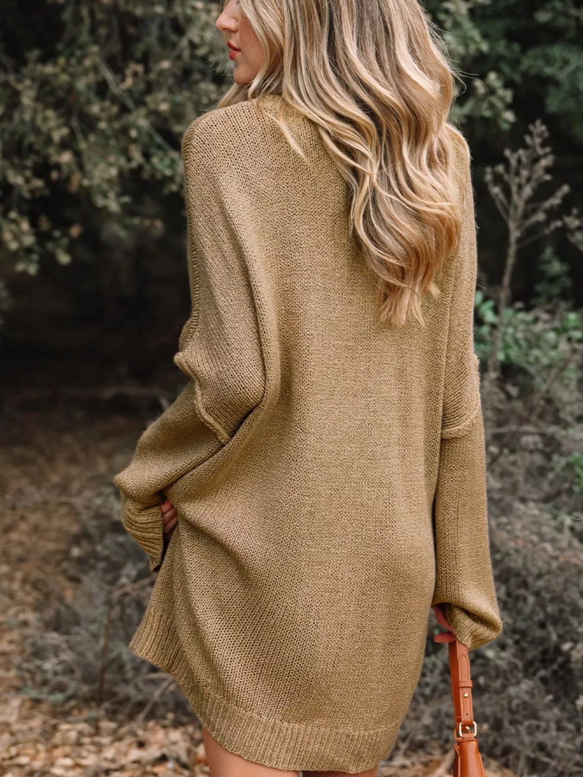 camel oversize drop shoulder sweater dress back view