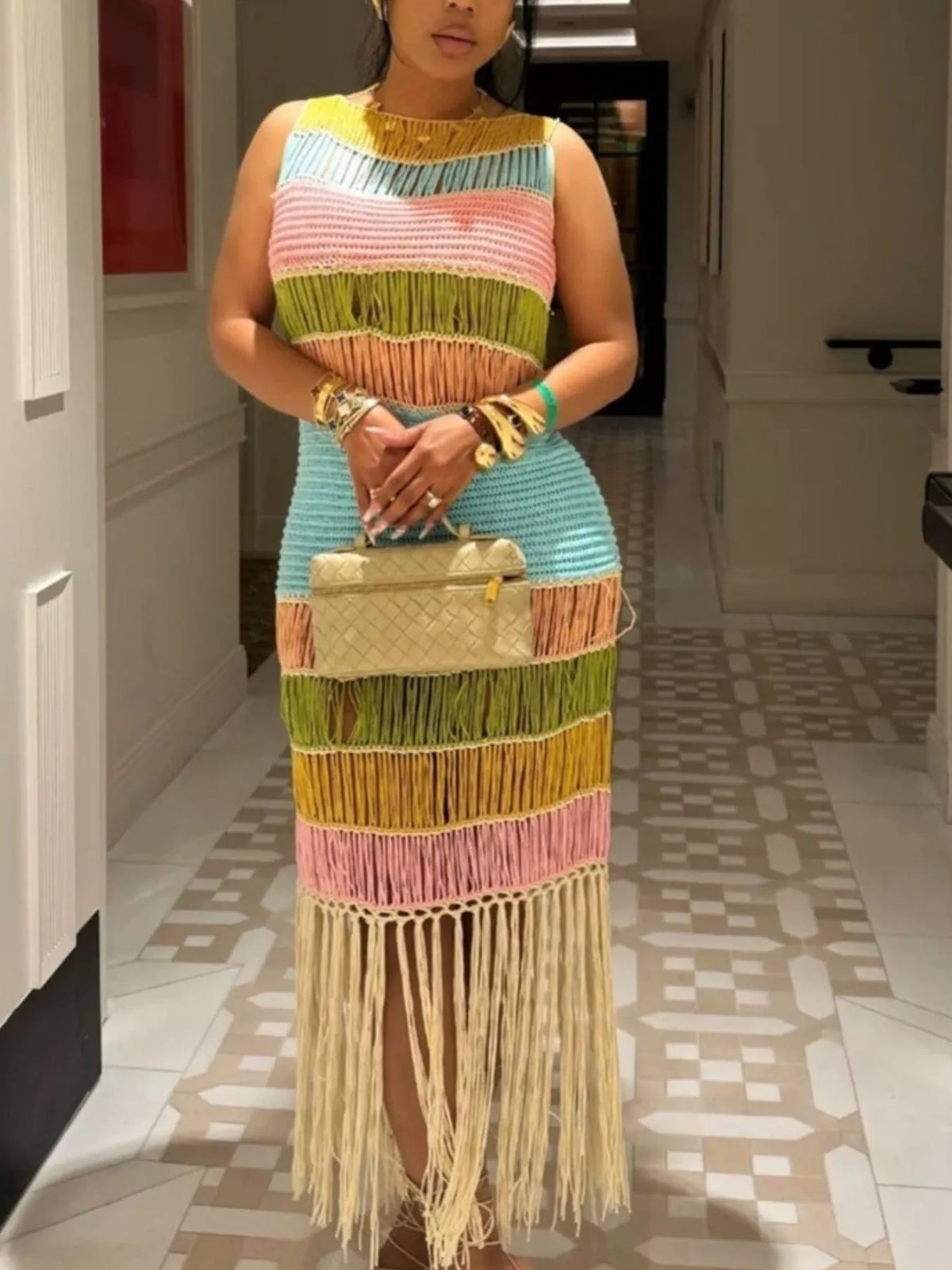 Crochet knit color block dress shown on a model