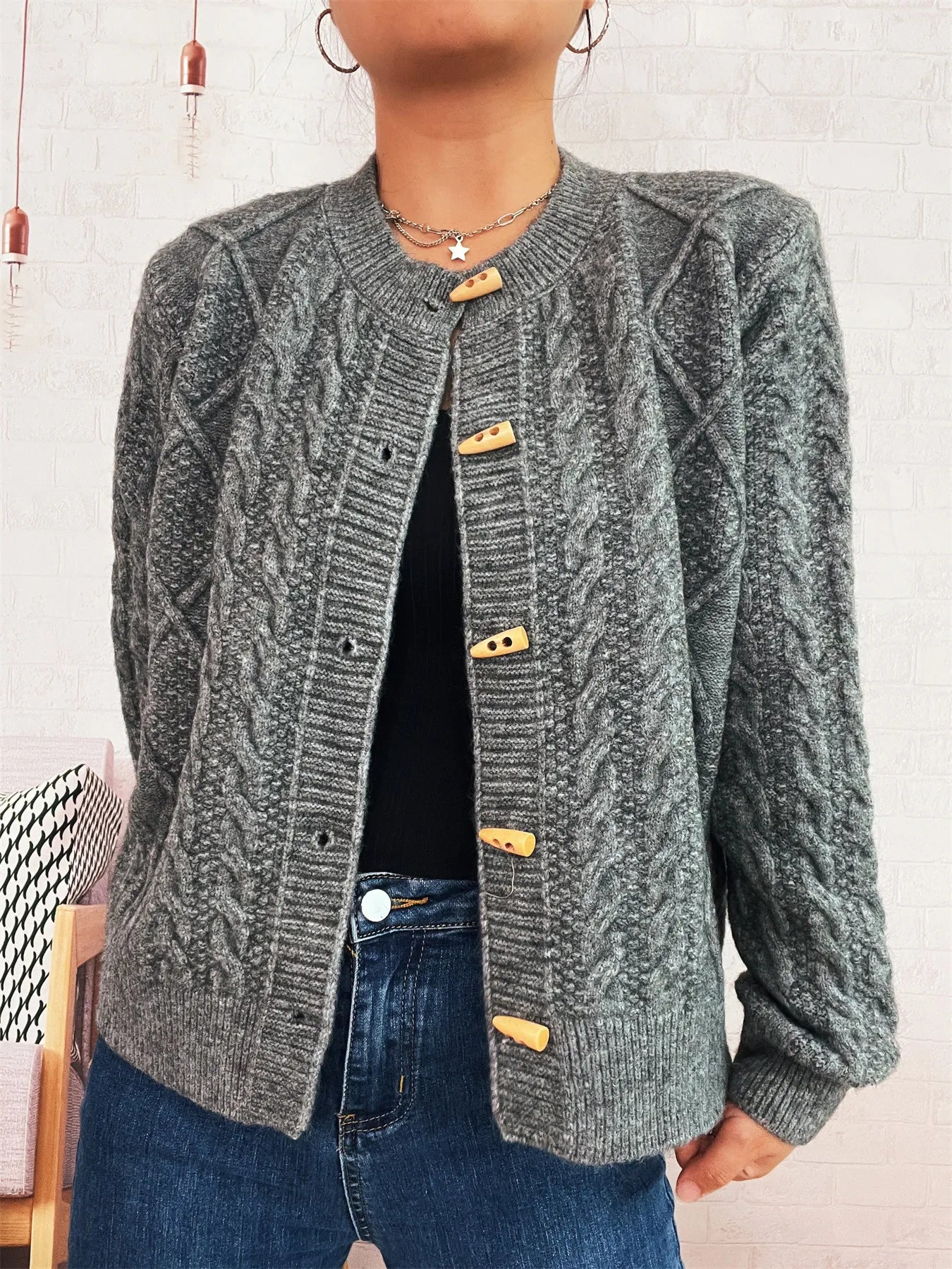 Cable Knit Button-Up Cardigan Dark Gray One Size - Fashorio
