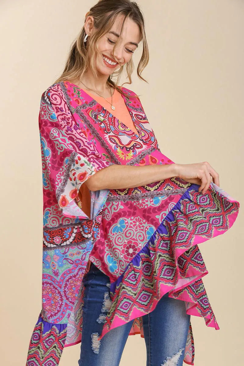 Mixed print ruffle hem kimono cover up front