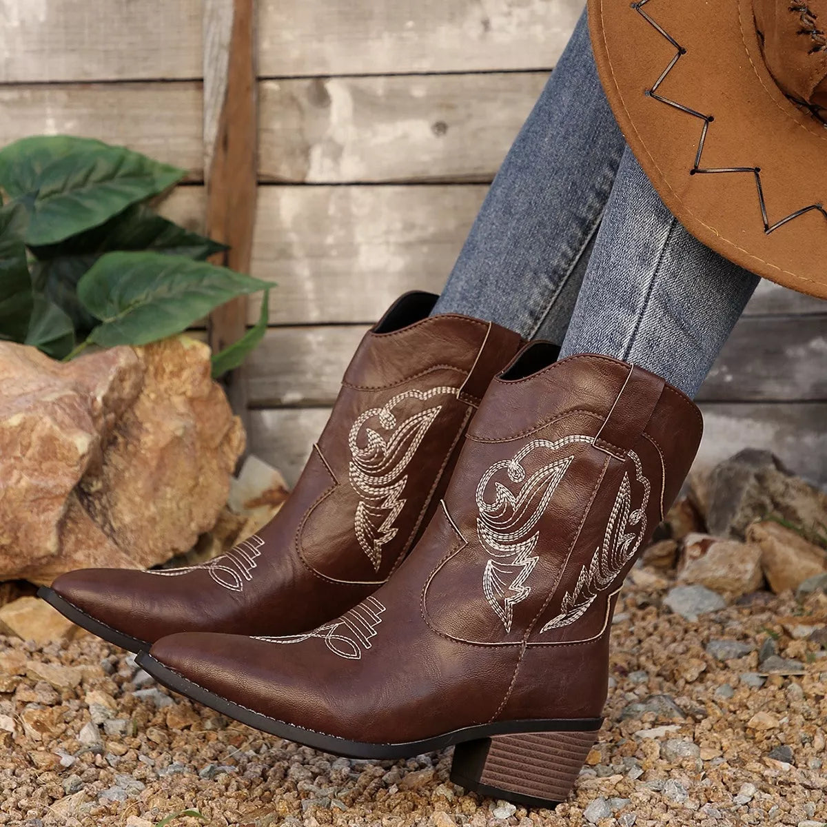 Western Cowboy Boots with Embroidered Design top down view