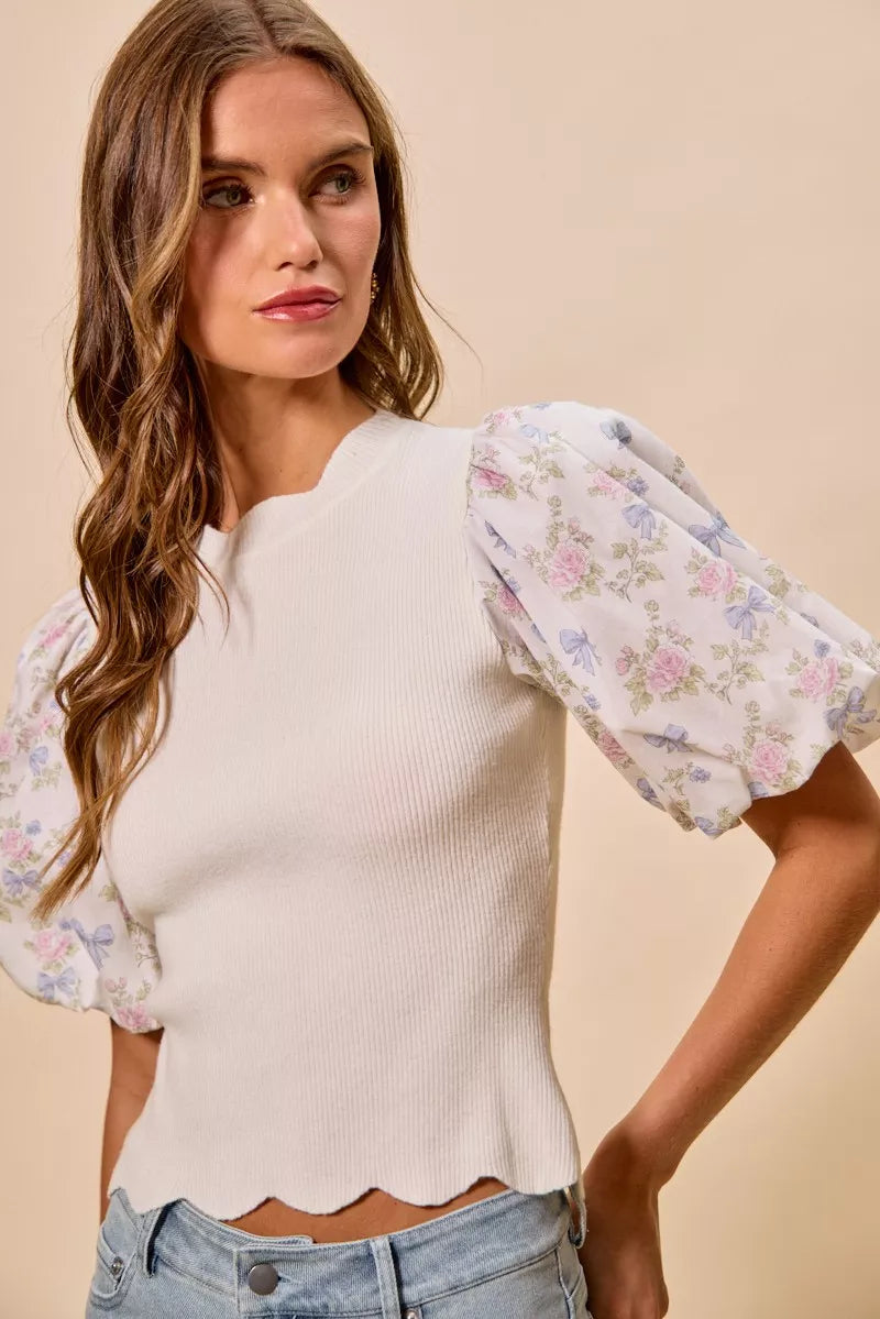 Floral sweater top scallop neckline close up