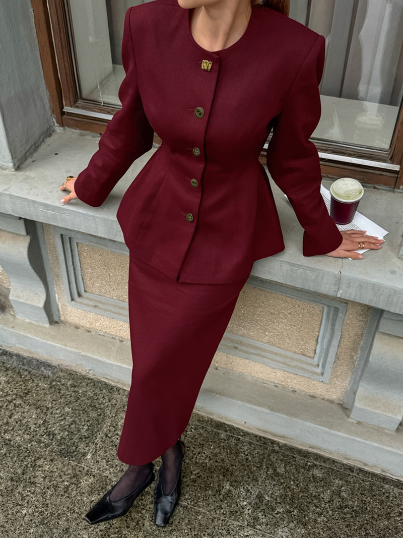 Burgundy peplum blazer and skirt set front view